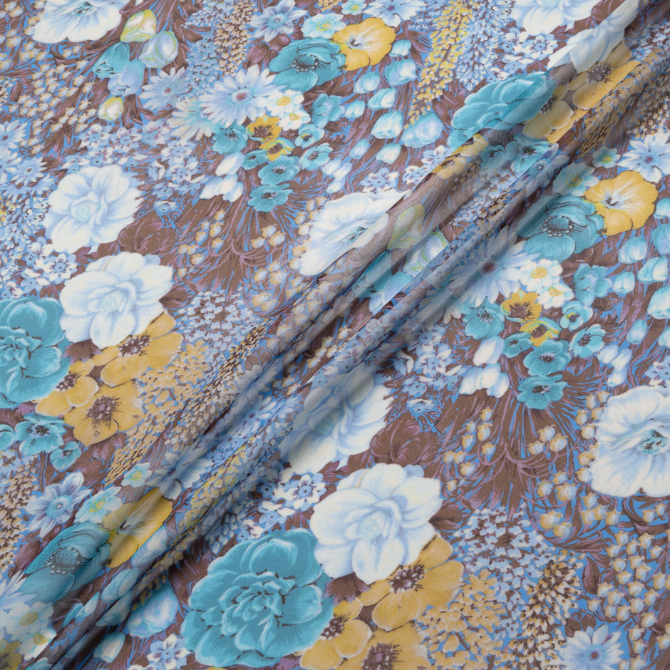 Turquoise & Yellow Floral Printed Brown Silk Georgette