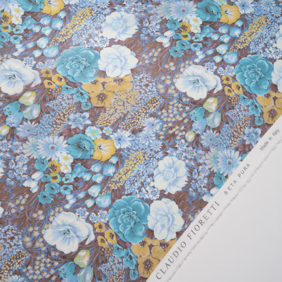 Turquoise & Yellow Floral Printed Brown Silk Georgette
