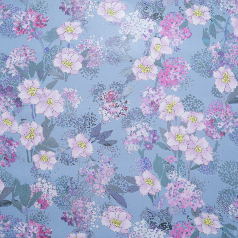 Lilac Floral Printed Dusty Blue Silk Georgette