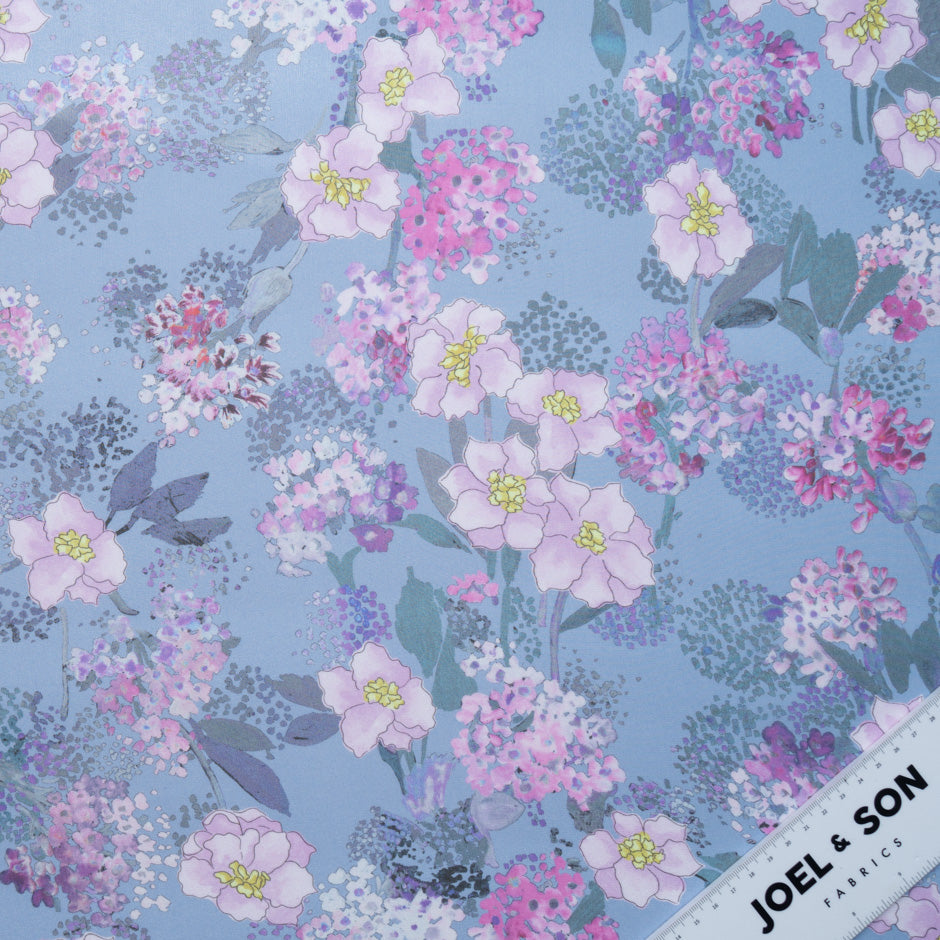 Lilac Floral Printed Dusty Blue Silk Georgette
