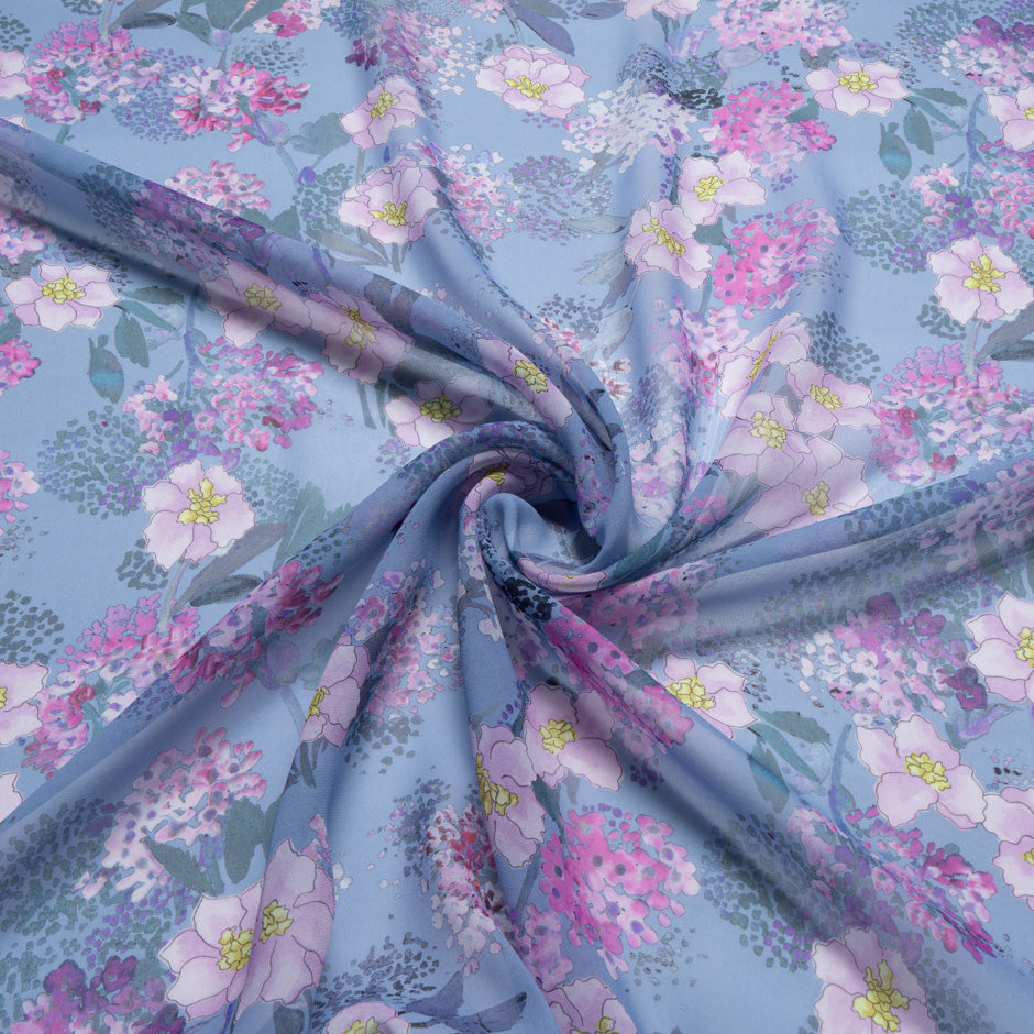 Lilac Floral Printed Dusty Blue Silk Georgette