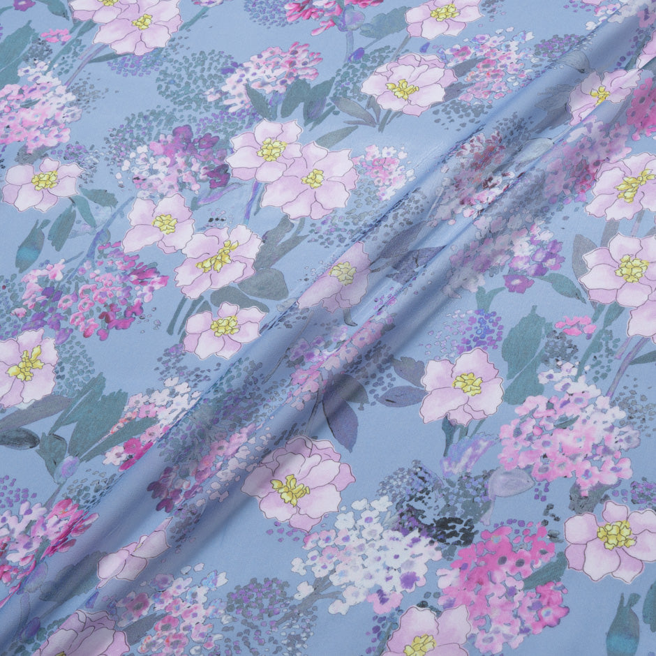 Lilac Floral Printed Dusty Blue Silk Georgette