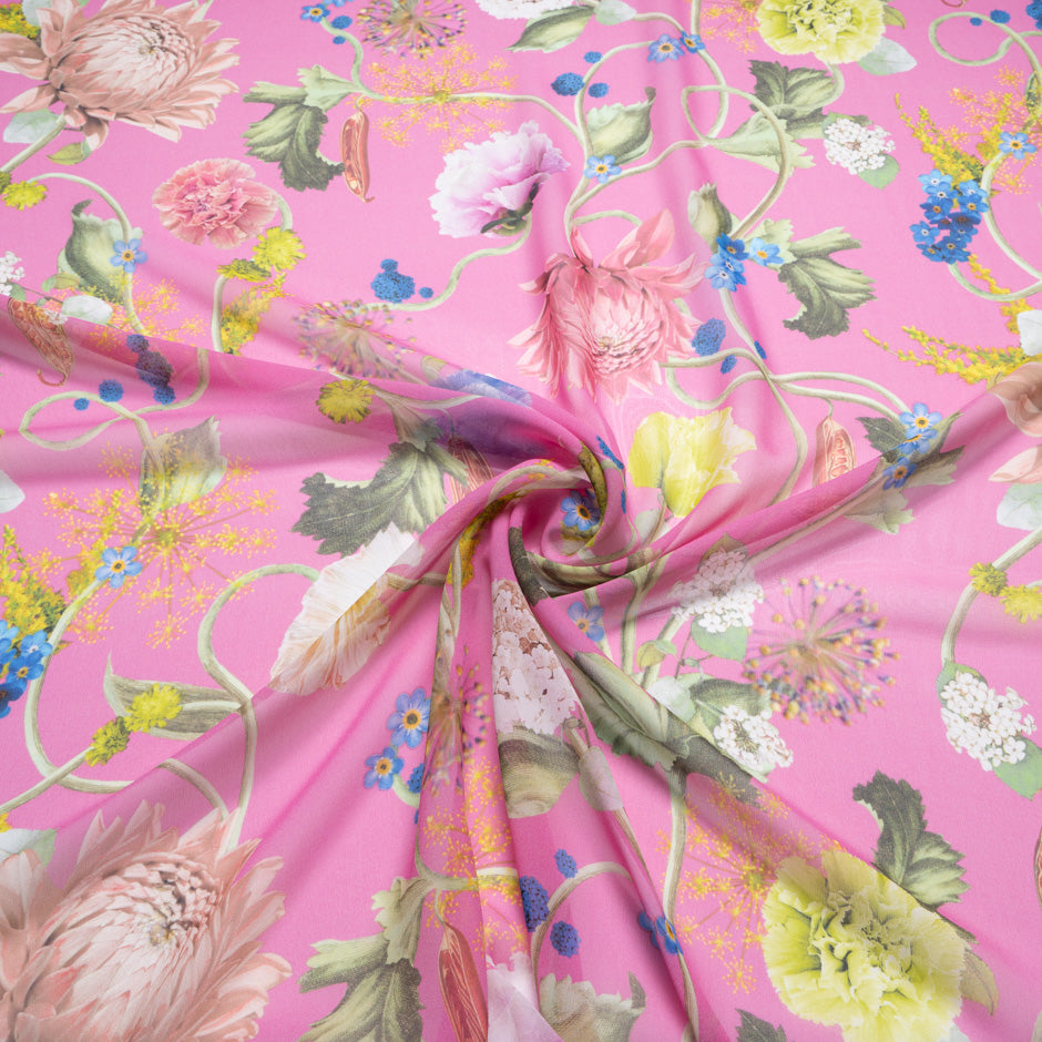 Multi Floral Printed Candy Pink Pure Silk Chiffon