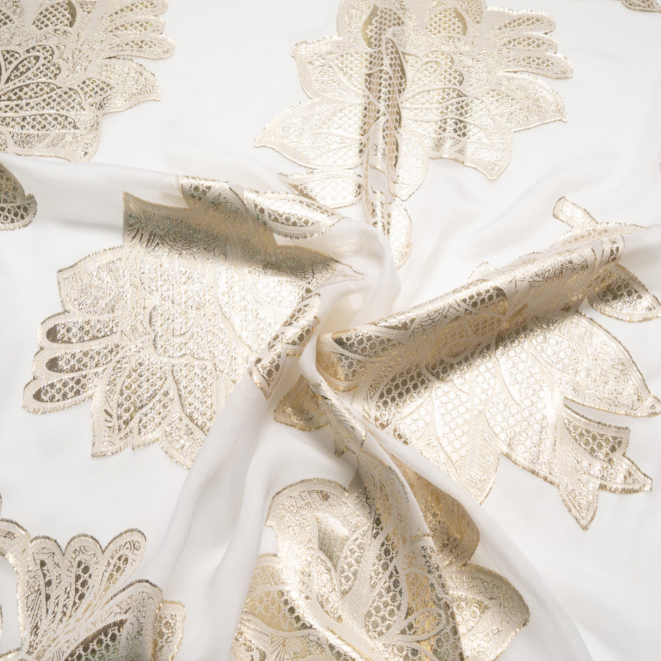 Gold Metallic Leaf Ivory Silk Chiffon
