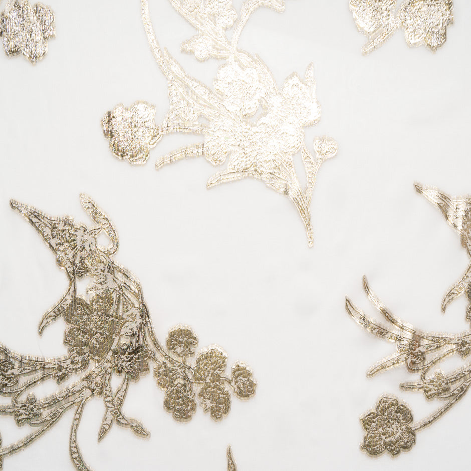 Gold Floral Metallic Ivory Silk Chiffon