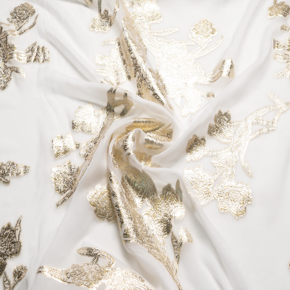 Gold Floral Metallic Ivory Silk Chiffon
