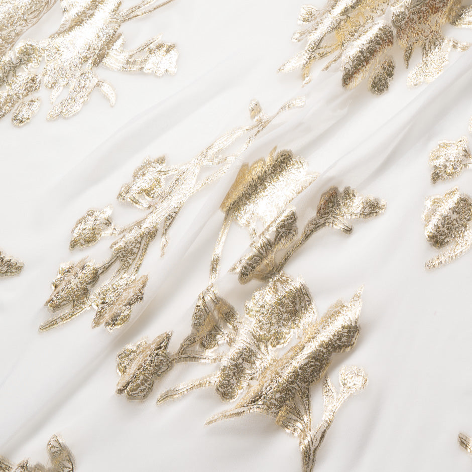 Gold Floral Metallic Ivory Silk Chiffon