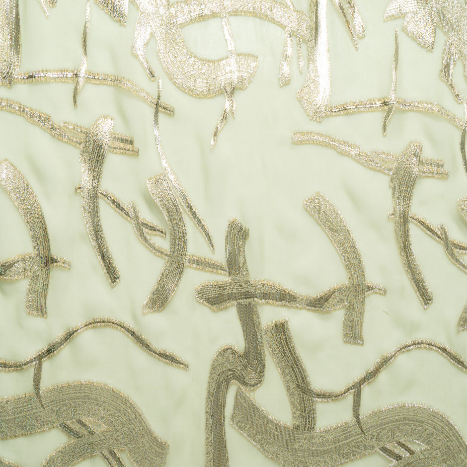 Abstract Metallic Jacquard Green Silk Chiffon