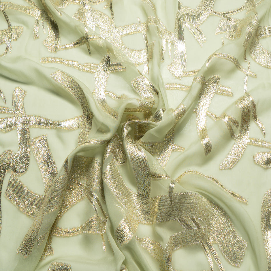 Abstract Metallic Jacquard Green Silk Chiffon