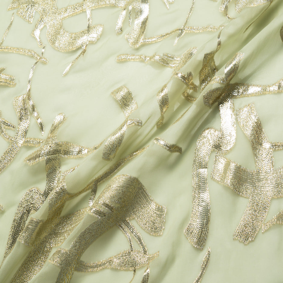 Abstract Metallic Jacquard Green Silk Chiffon