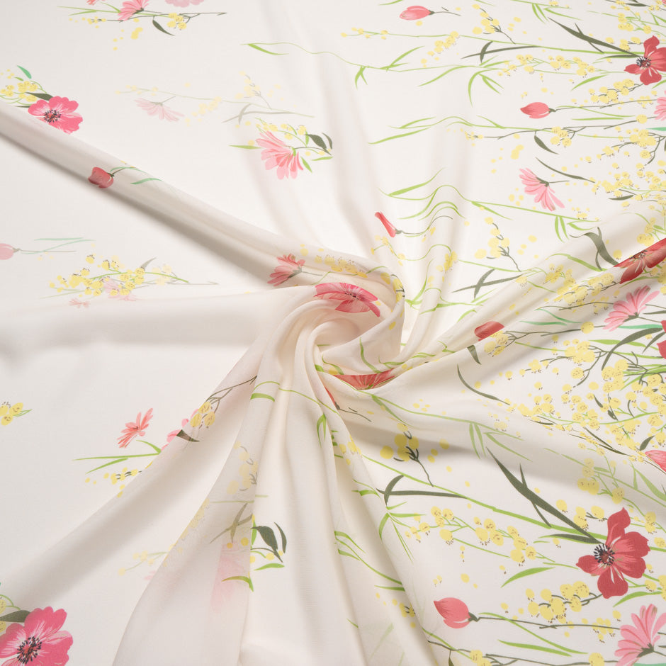 Multi Floral Printed Ivory Silk Chiffon