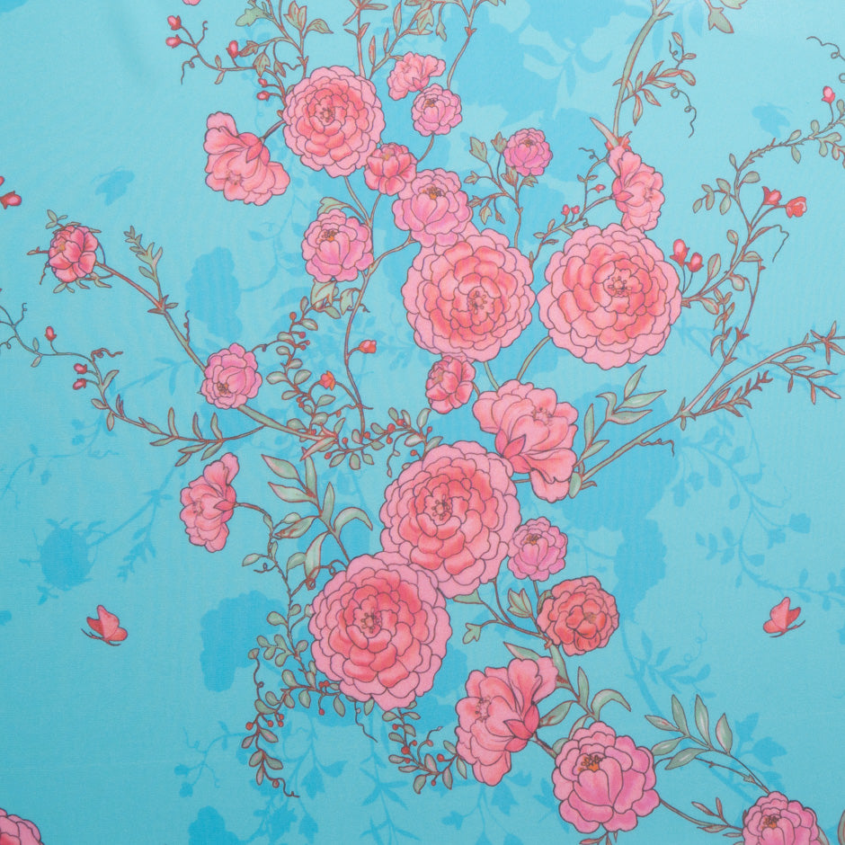 Candy Pink Floral Printed Blue Pure Silk Georgette