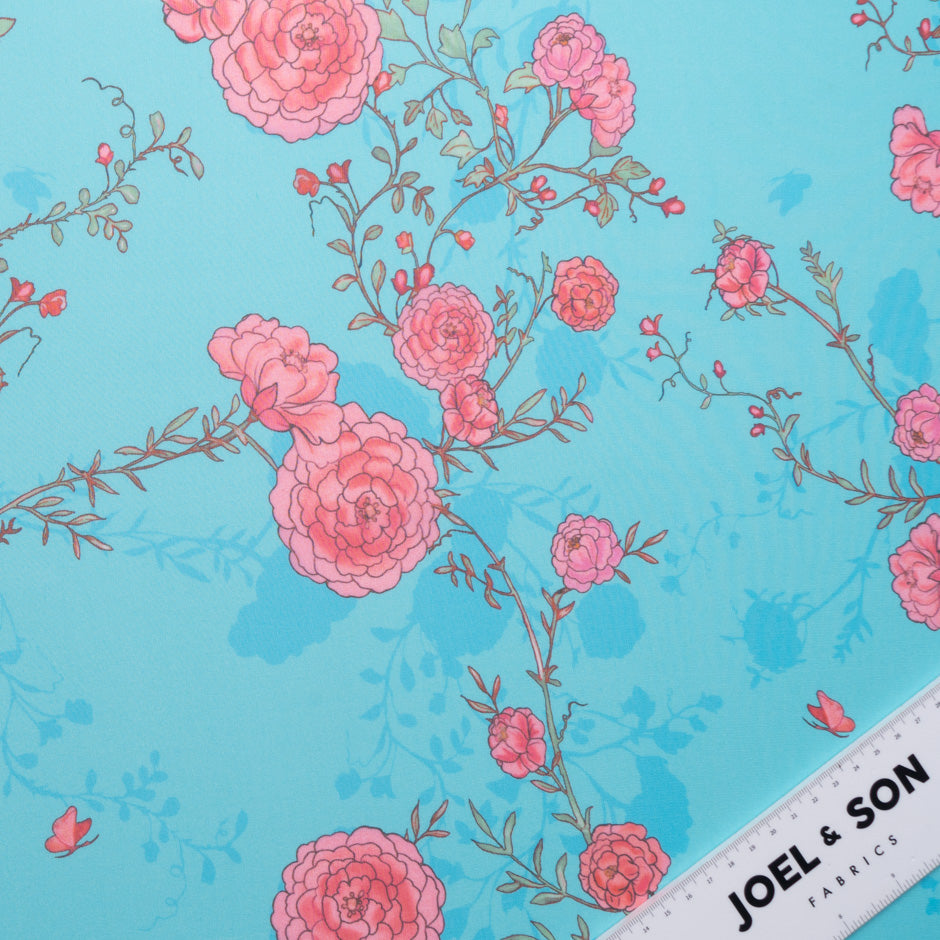 Candy Pink Floral Printed Blue Pure Silk Georgette