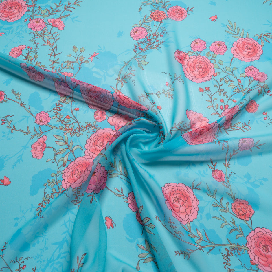 Candy Pink Floral Printed Blue Pure Silk Georgette