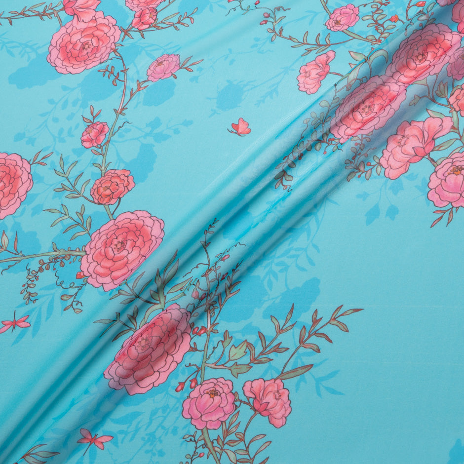 Candy Pink Floral Printed Blue Pure Silk Georgette