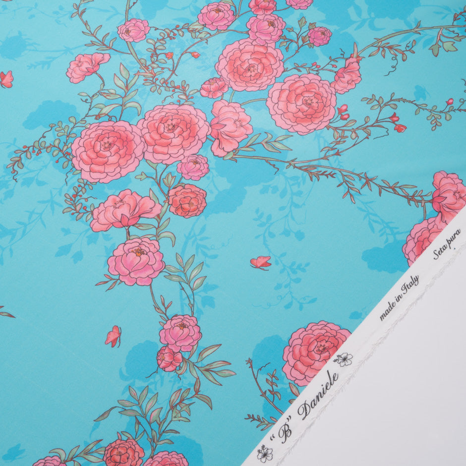 Candy Pink Floral Printed Blue Pure Silk Georgette