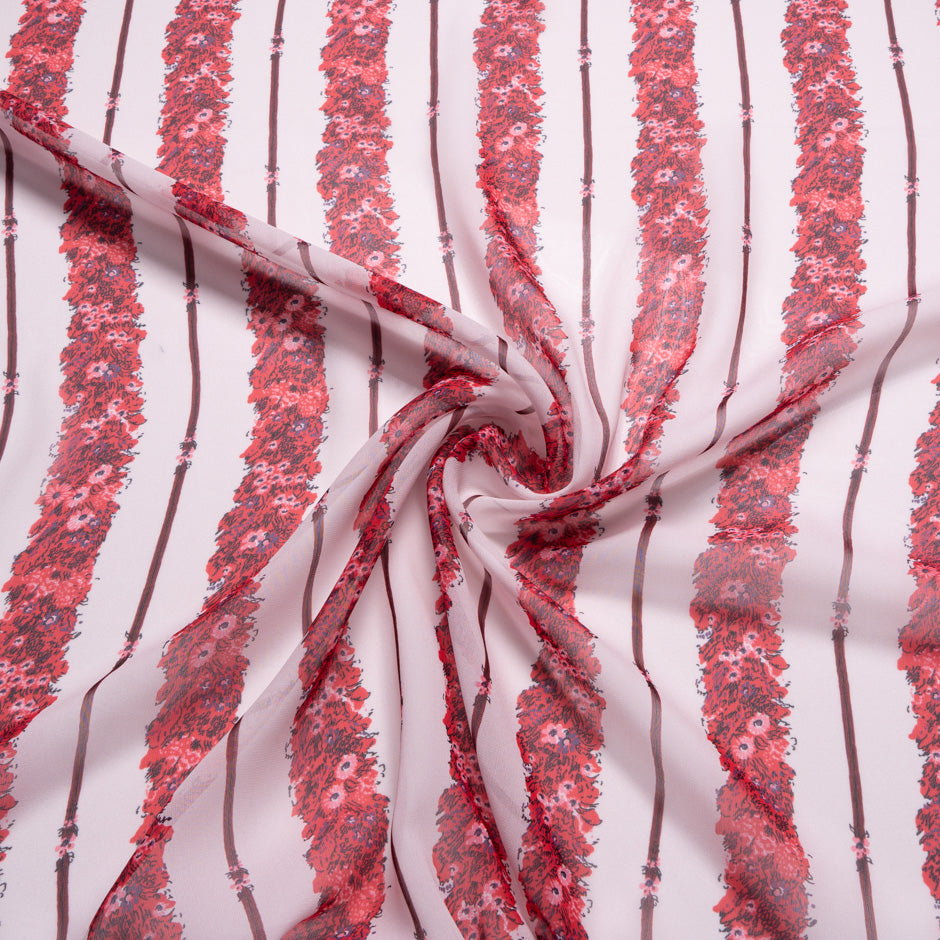 Red Floral Stripe Printed Pure Silk Georgette