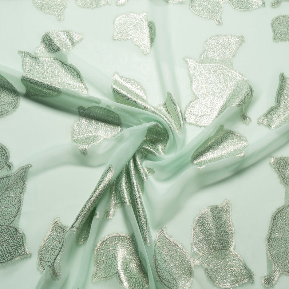 Metallic Leaf Mint Green Silk Chiffon