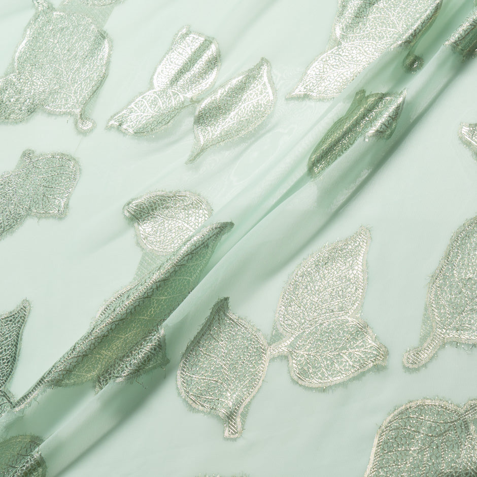 Metallic Leaf Mint Green Silk Chiffon