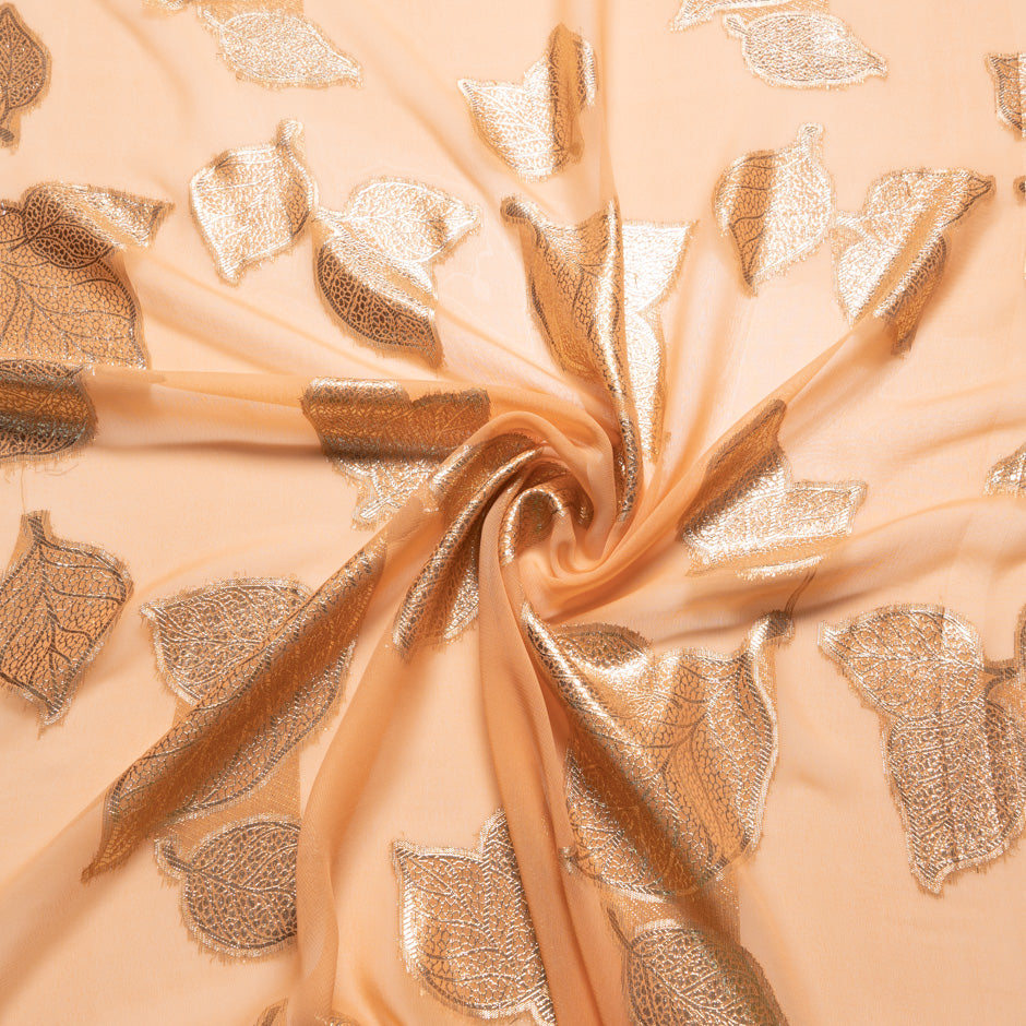 Peach Metallic Leaf Silk Chiffon