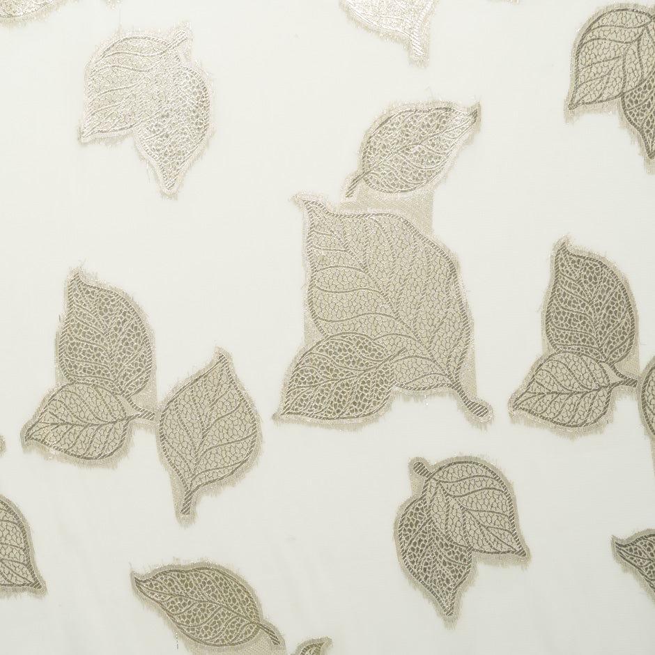 Pale Yellow Metallic Leaf Silk Chiffon
