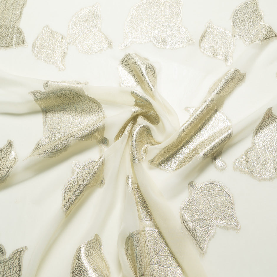 Pale Yellow Metallic Leaf Silk Chiffon