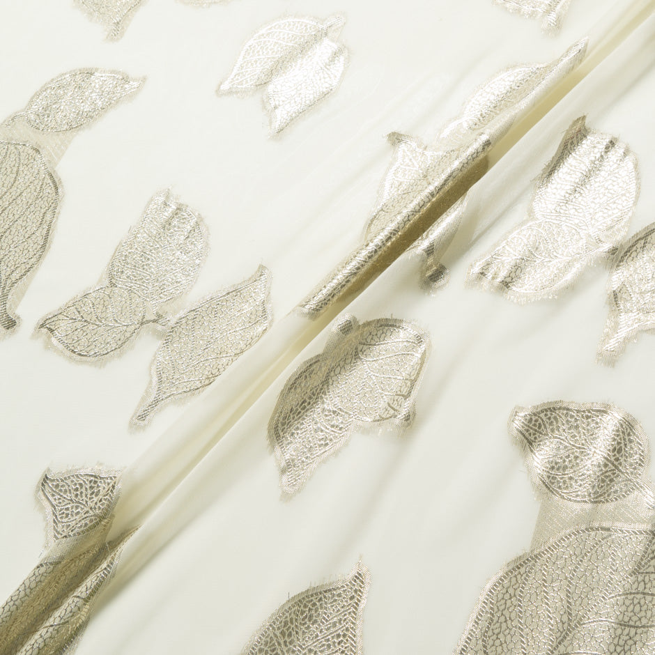 Pale Yellow Metallic Leaf Silk Chiffon