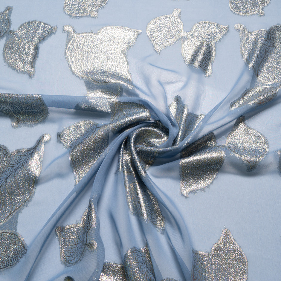 Baby Blue Metallic Leaf Silk Chiffon