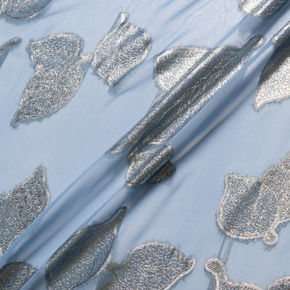 Baby Blue Metallic Leaf Silk Chiffon