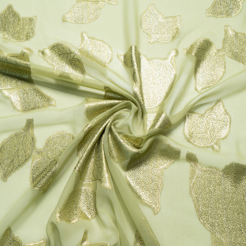 Metallic Leaf Rich Green Silk Chiffon
