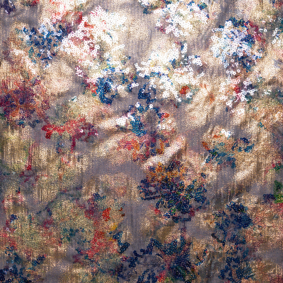 Floral Sequin Embroidered Blue Silk Chiffon