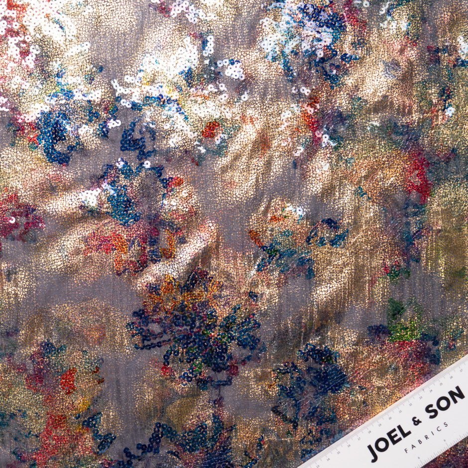 Floral Sequin Embroidered Blue Silk Chiffon