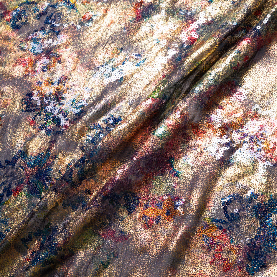 Floral Sequin Embroidered Blue Silk Chiffon