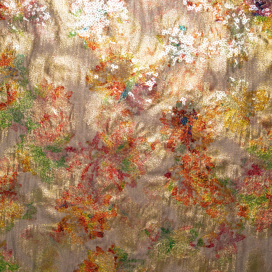 Orange Floral Sequin Embroidered Silk Chiffon