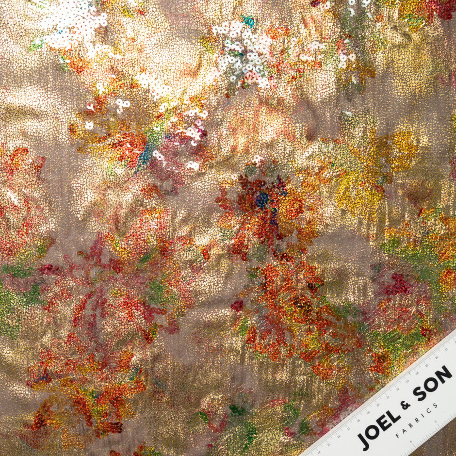 Orange Floral Sequin Embroidered Silk Chiffon