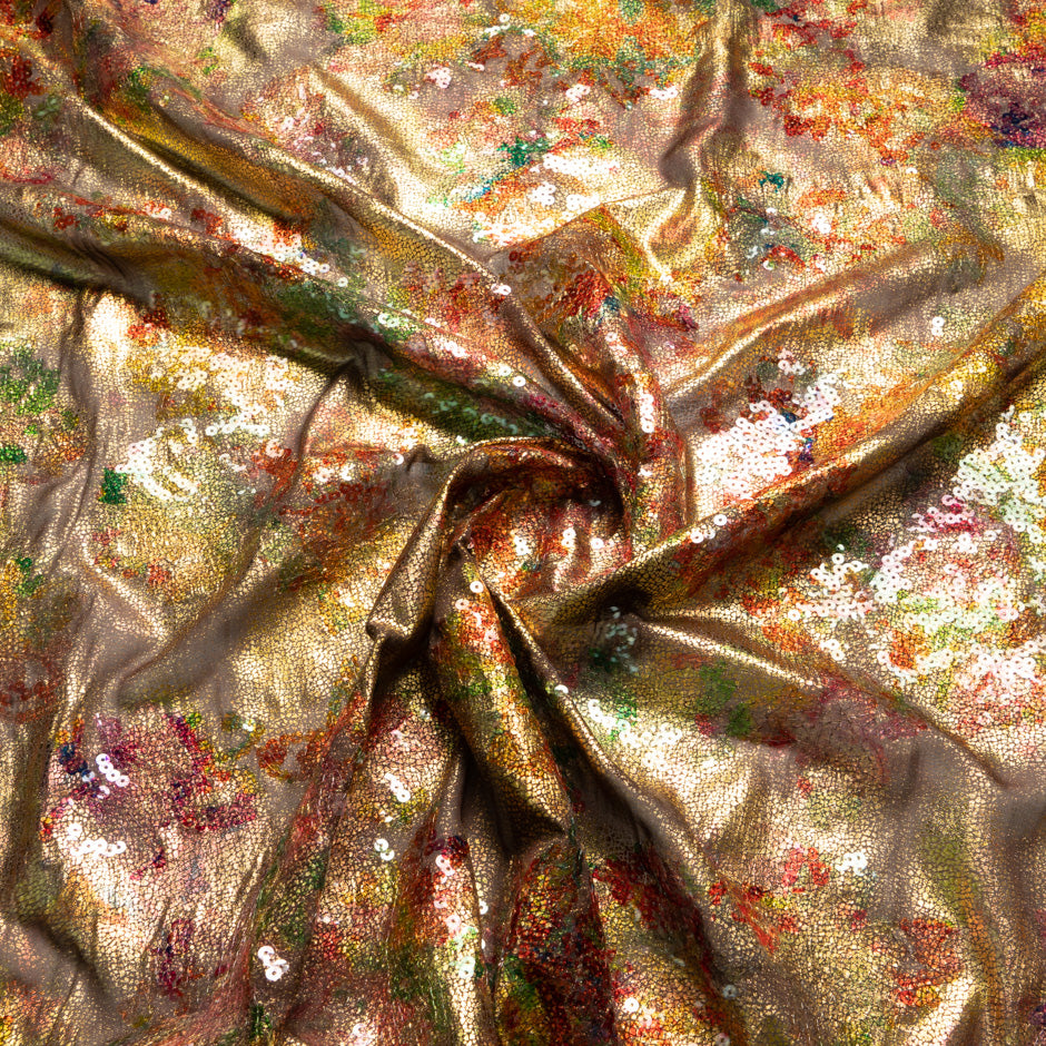 Orange Floral Sequin Embroidered Silk Chiffon