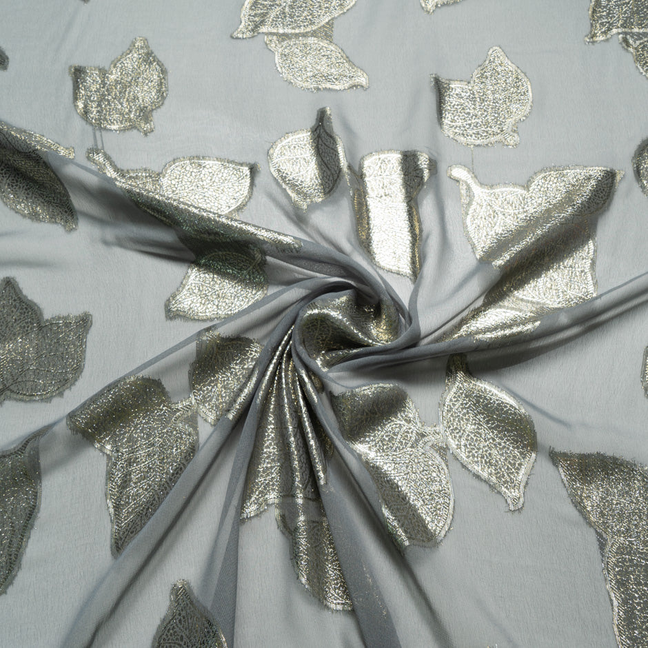 Sage Grey Metallic Leaf Silk Chiffon