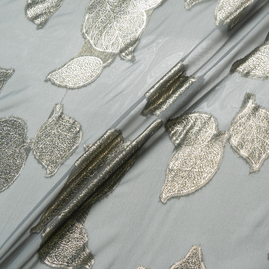Sage Grey Metallic Leaf Silk Chiffon