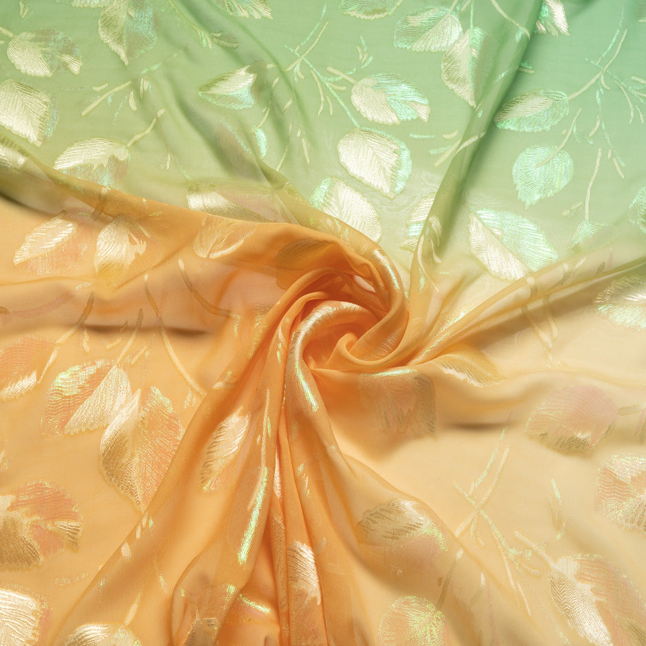 Orange & Green Ombré Metallic Leaf Silk Chiffon