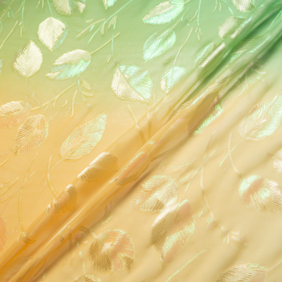 Orange & Green Ombré Metallic Leaf Silk Chiffon