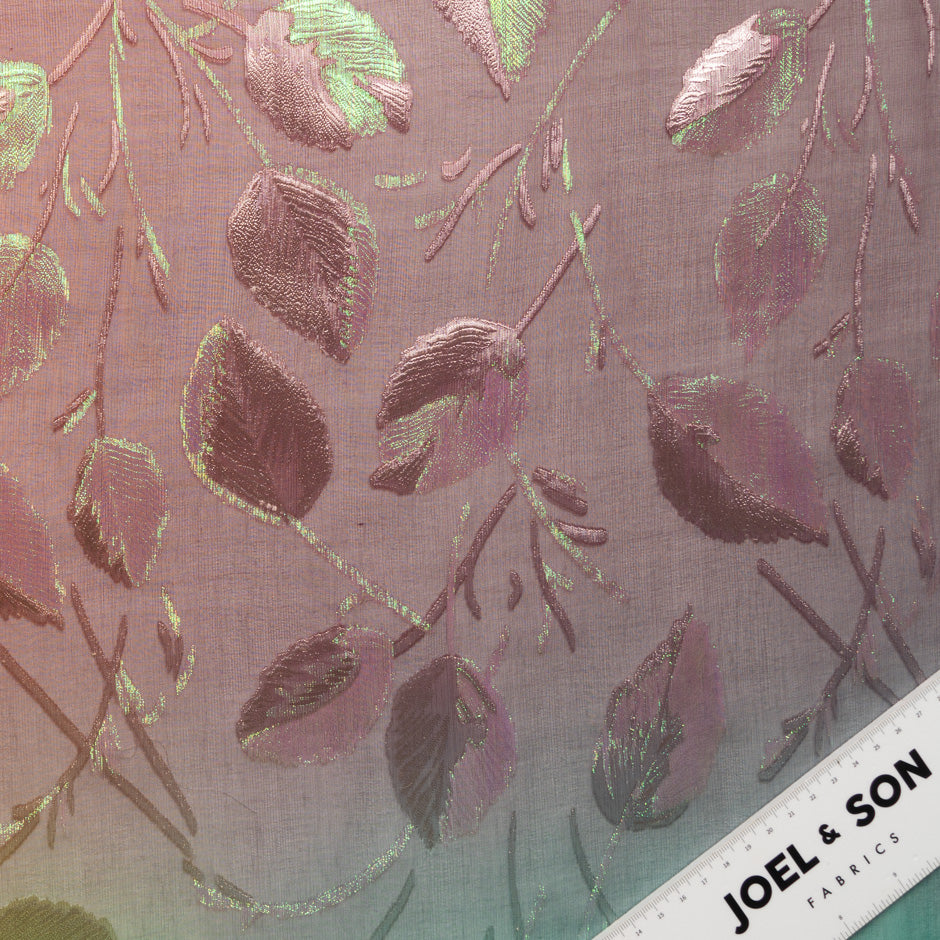 Burgundy & Green Ombré Metallic Leaf Silk Chiffon