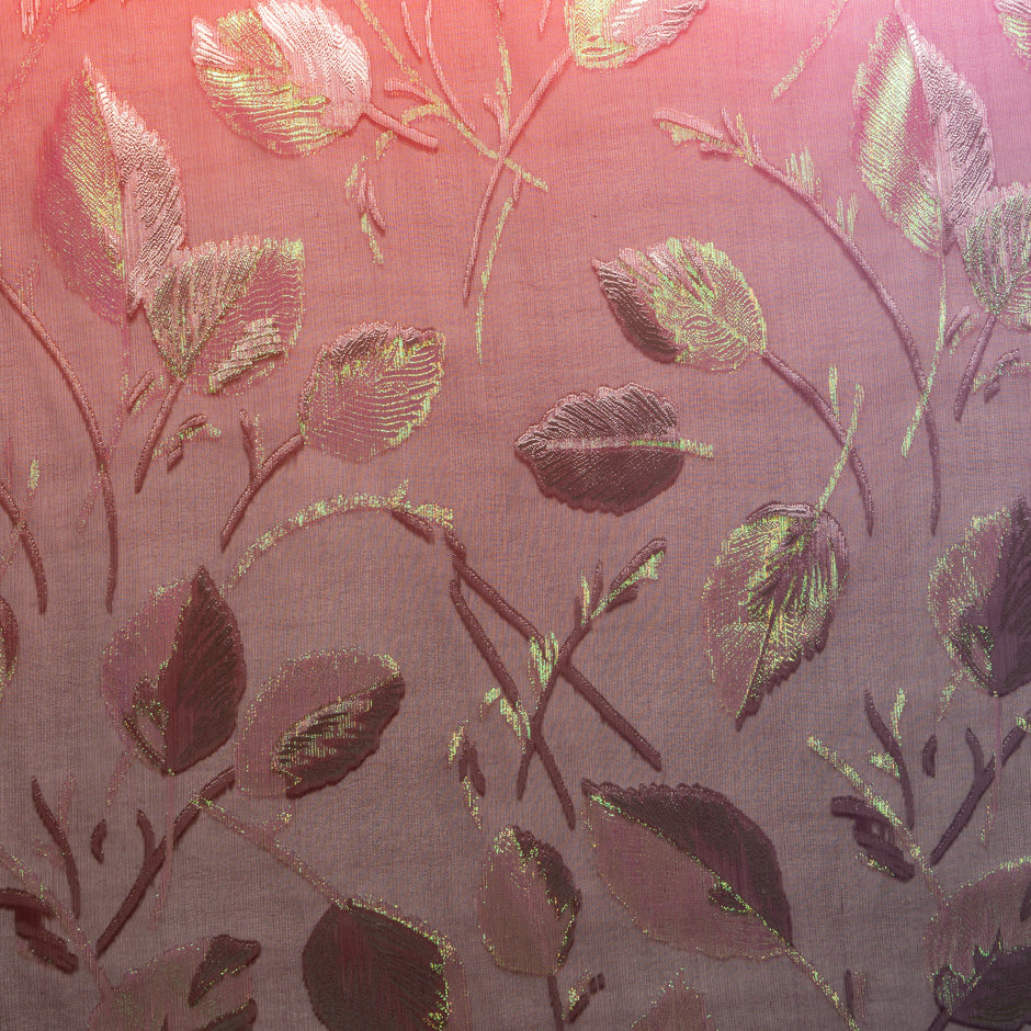 Pink & Burgundy Ombré Metallic Leaf Silk Chiffon
