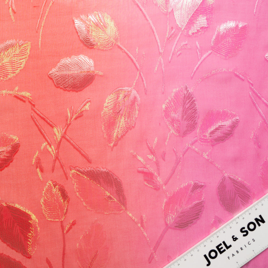 Pink & Burgundy Ombré Metallic Leaf Silk Chiffon