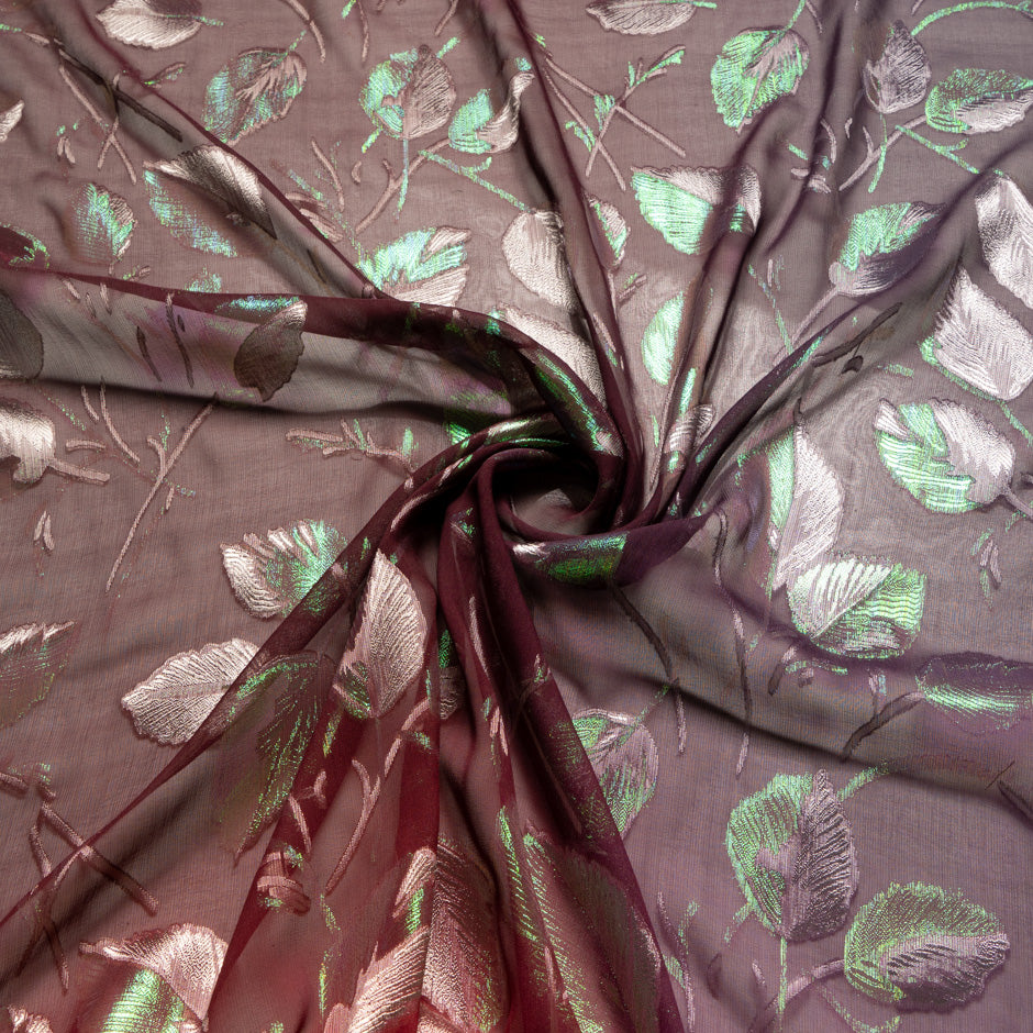 Pink & Burgundy Ombré Metallic Leaf Silk Chiffon