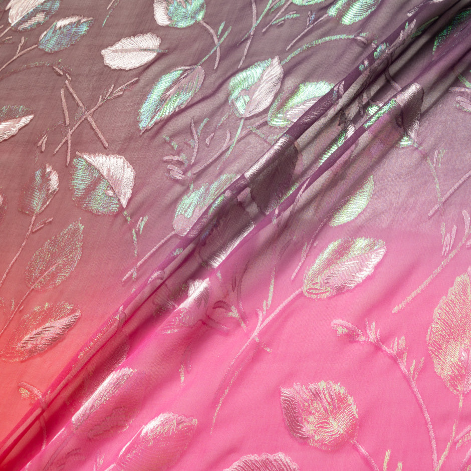 Pink & Burgundy Ombré Metallic Leaf Silk Chiffon