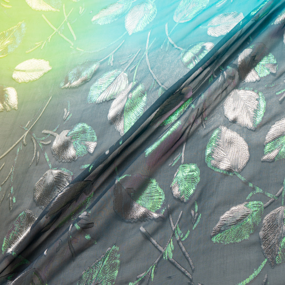 Green & Turquoise Ombré Metallic Leaf Silk Chiffon