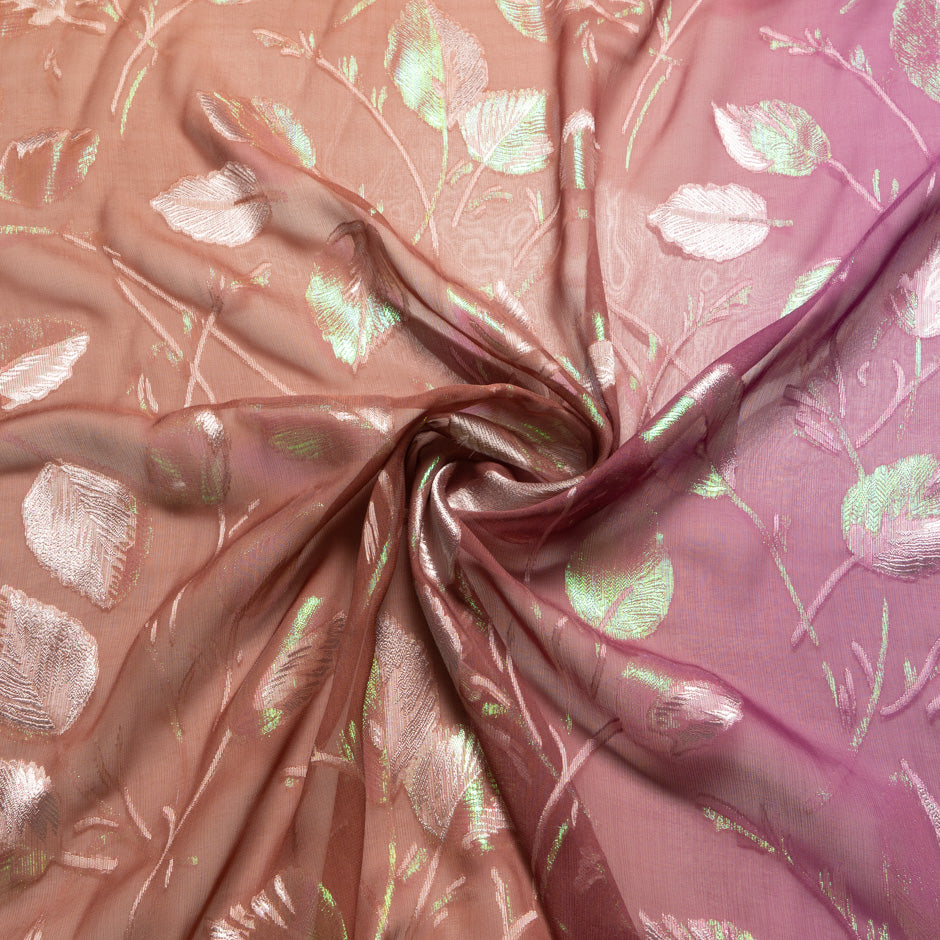 Orange & Pink Ombré Metallic Leaf Silk Chiffon