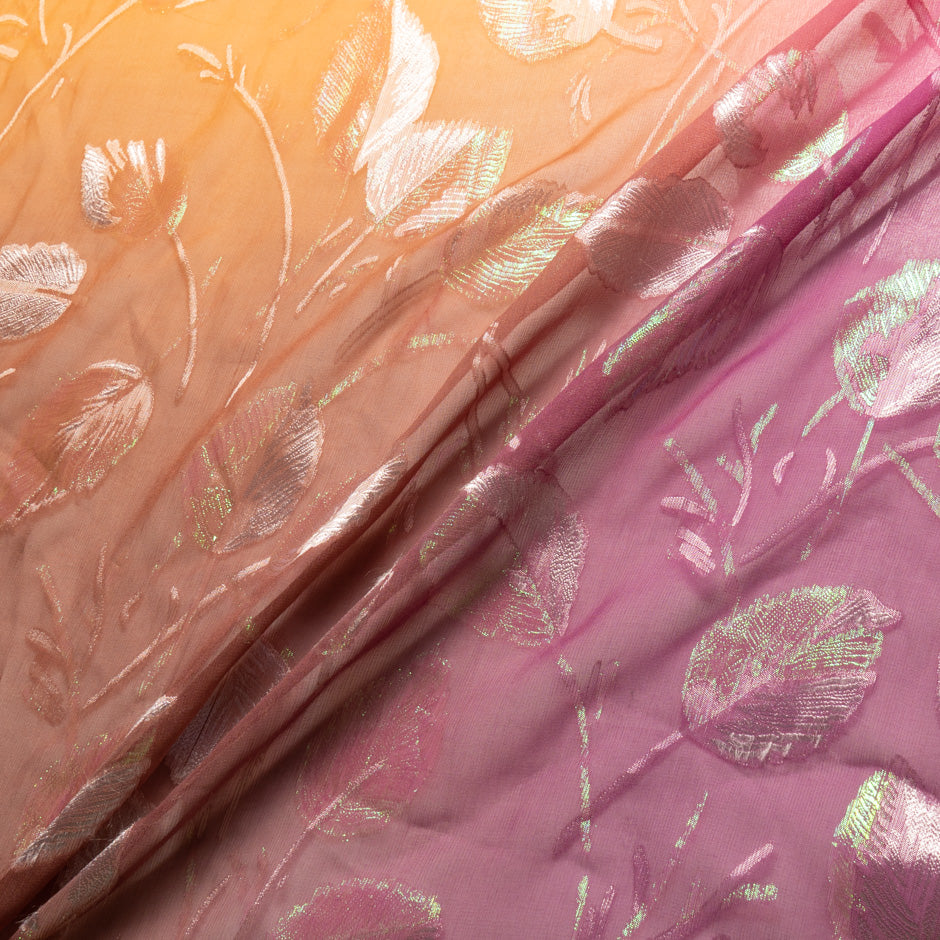 Orange & Pink Ombré Metallic Leaf Silk Chiffon