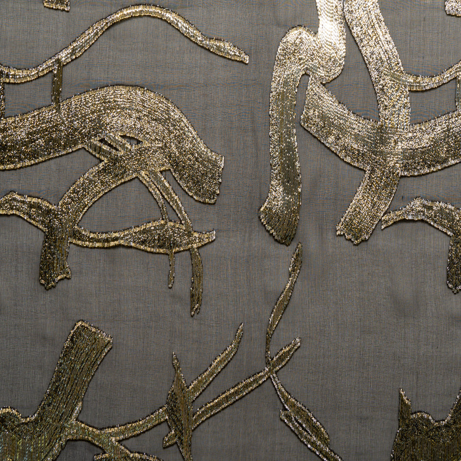 Gold Metallic Abstract Grey Silk Chiffon