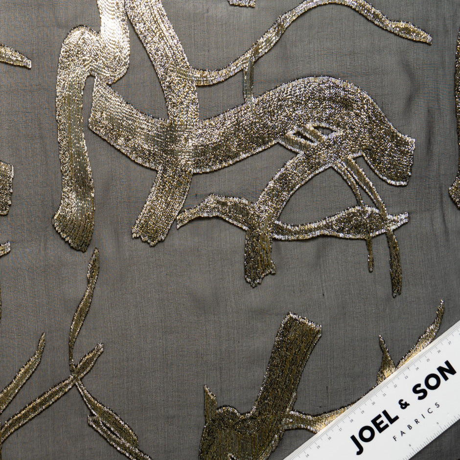 Gold Metallic Abstract Grey Silk Chiffon